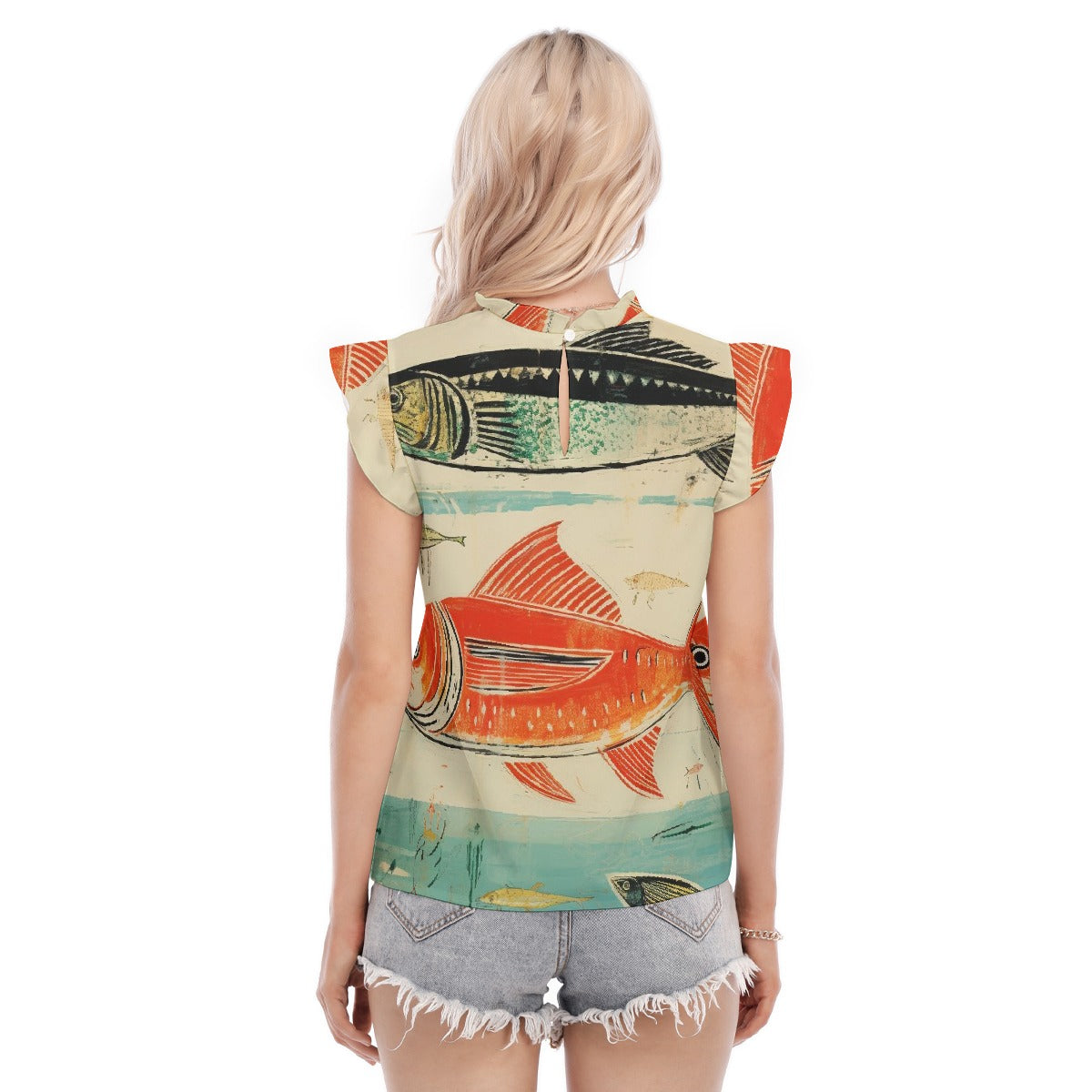 All-Over Print Women's Blouse With Ruffle Collar And Sleeve