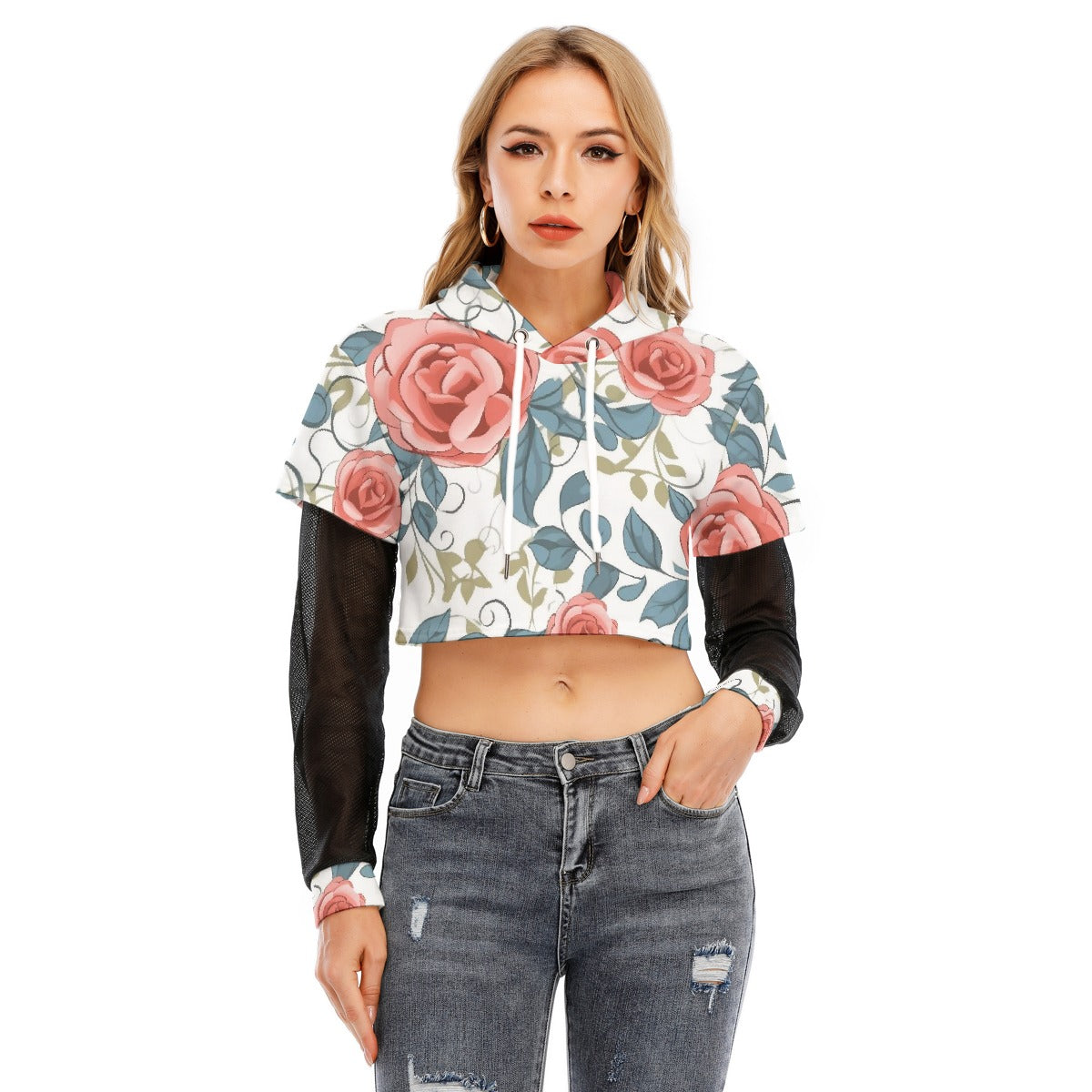 All-Over Print Women's Fake Two-piece Mesh Sleeve Cropped Hoodie