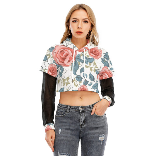 All-Over Print Women's Fake Two-piece Mesh Sleeve Cropped Hoodie