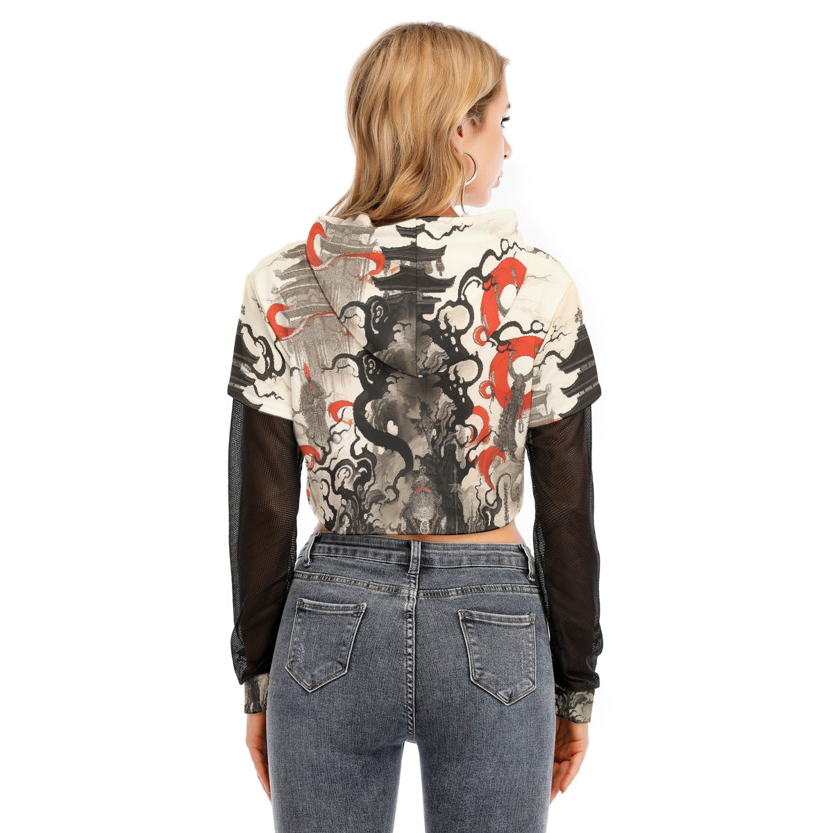 All-Over Print Women's Fake Two-piece Mesh Sleeve Cropped Hoodie