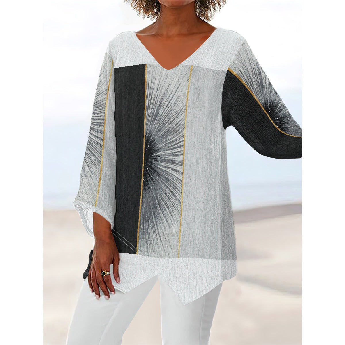 All-Over Print Women's V-neck T-shirt With Irregular Hem