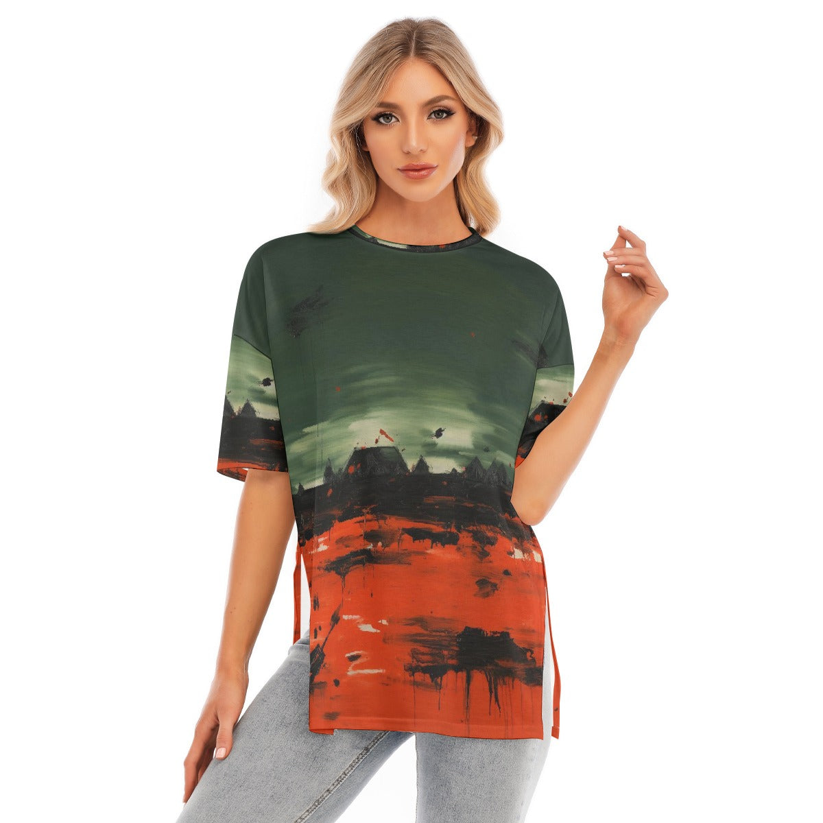 All-Over Print Women's Short Sleeves T-shirt With Hem Split