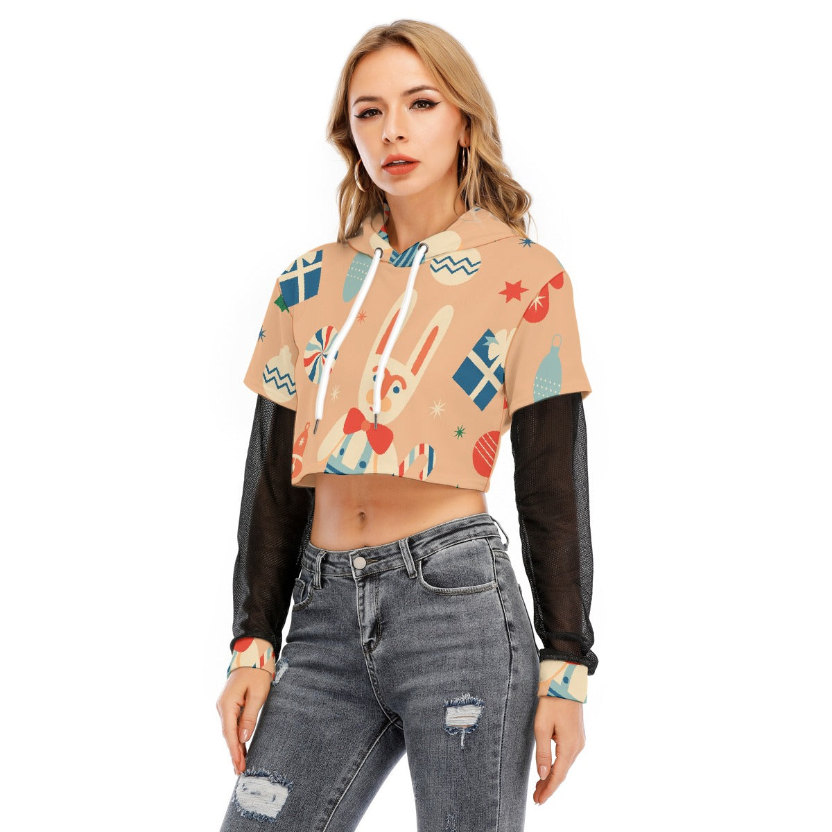 All-Over Print Women's Fake Two-piece Mesh Sleeve Cropped Hoodie