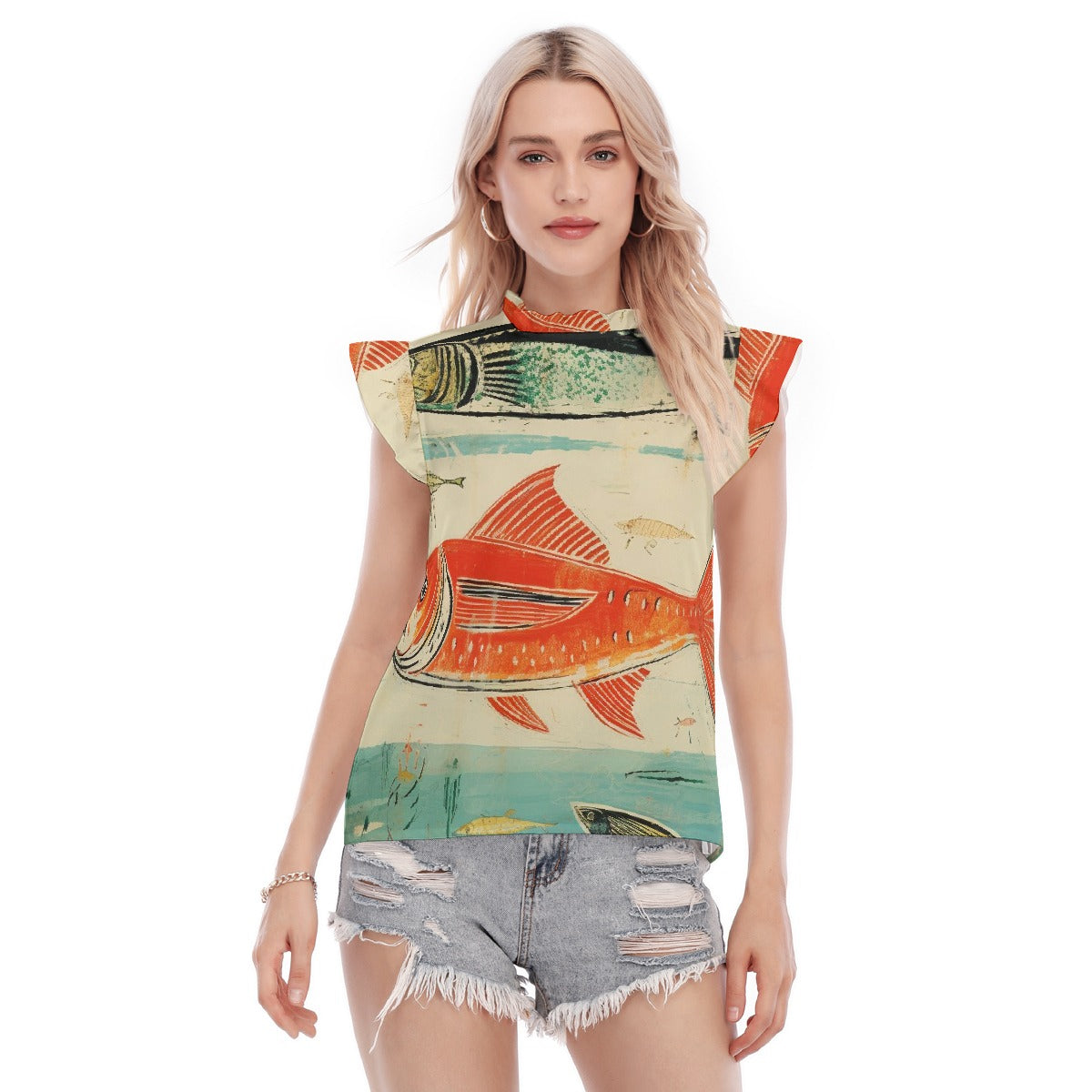 All-Over Print Women's Blouse With Ruffle Collar And Sleeve