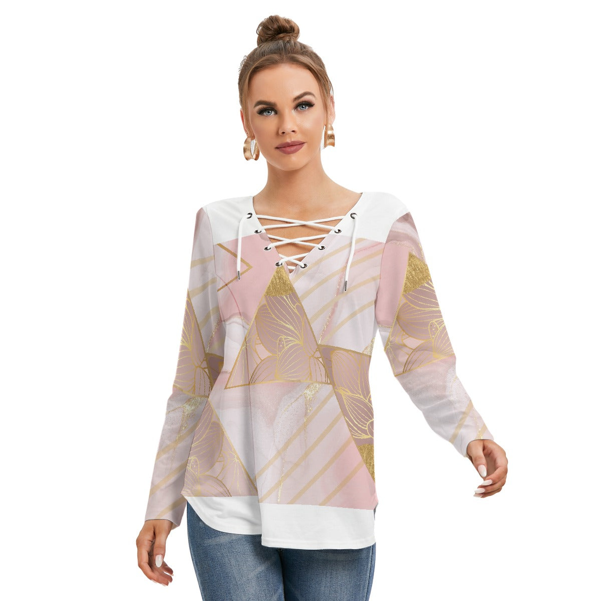 All-Over Print Women's Long Sleeve Neckline Tie Sweatshirt