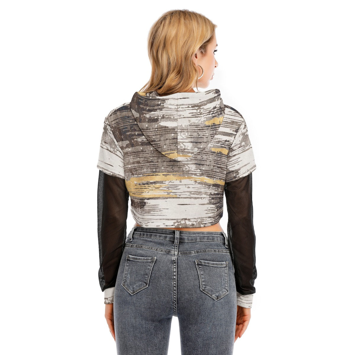 All-Over Print Women's Fake Two-piece Mesh Sleeve Cropped Hoodie