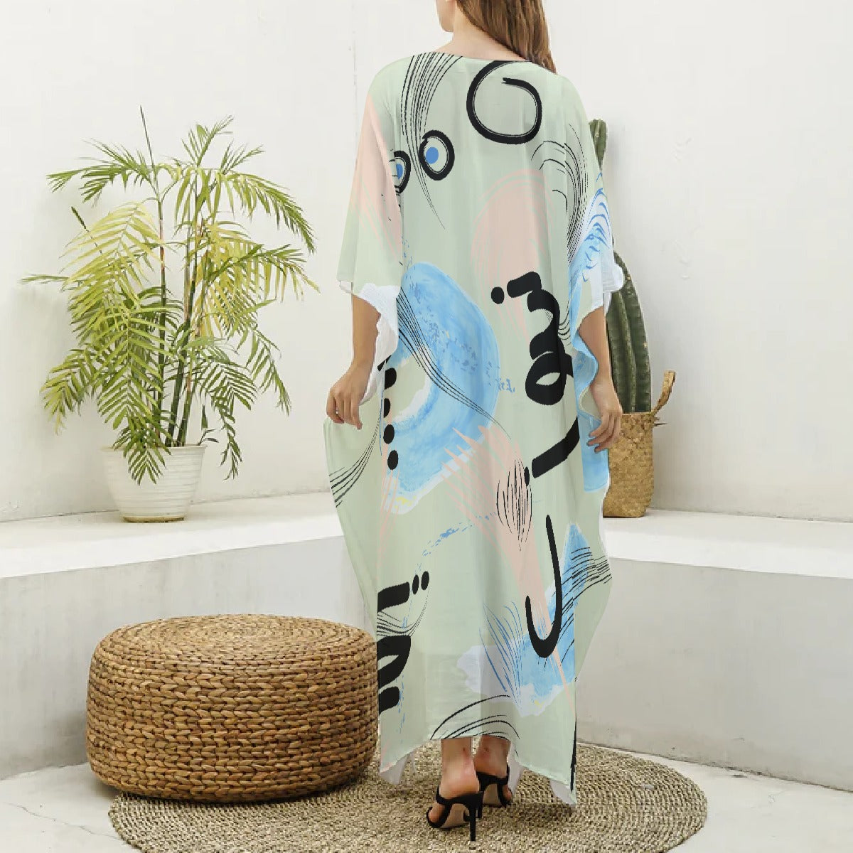 All-Over Print Women's Imitation Silk V-neck Kaftan Robe