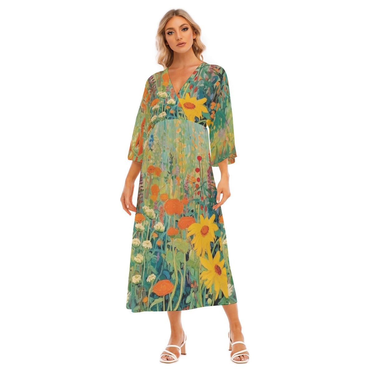 All-Over Print Women's Mid-Sleeve Long Dress