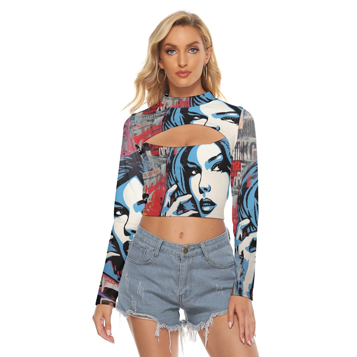 All-Over Print Women's Hollow Chest Keyhole Tight Crop Top