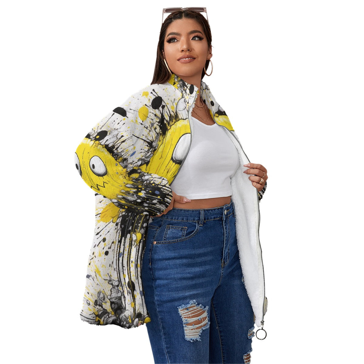 All-Over Print Unisex Borg Fleece Stand-up Collar Coat With Zipper Closure(Plus Size)