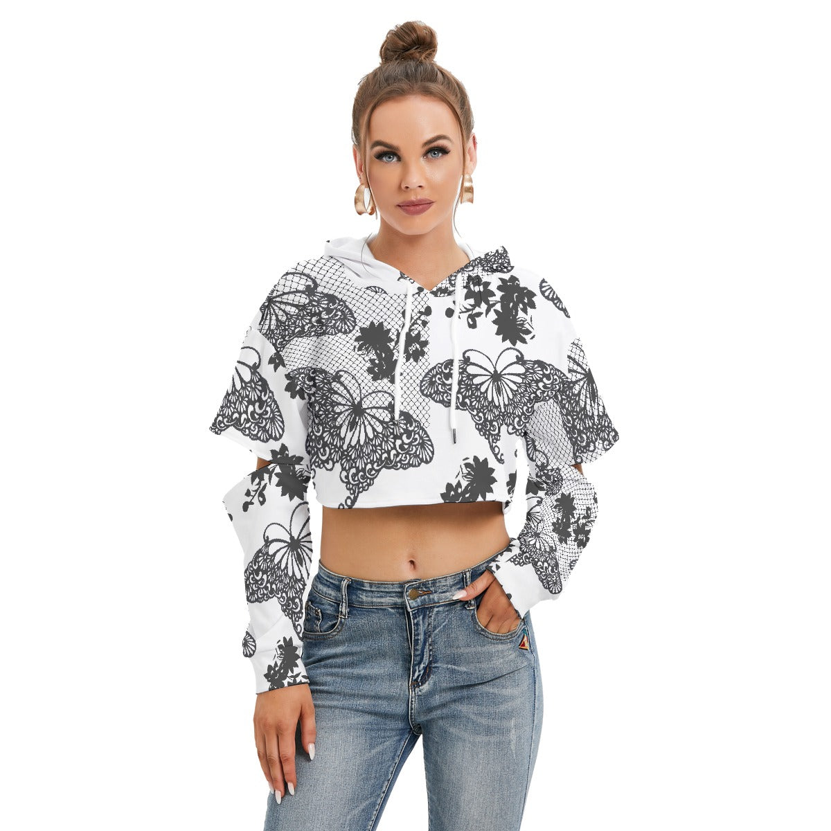 All-Over Print Women's Heavy Fleece Hoodie With Hollow Out Sleeve