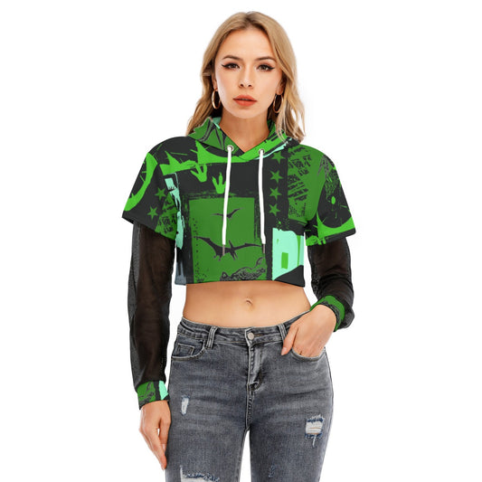 All-Over Print Women's Fake Two-piece Mesh Sleeve Cropped Hoodie