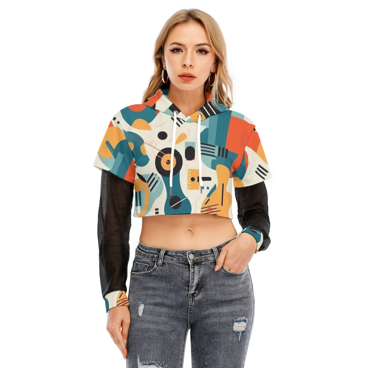 All-Over Print Women's Fake Two-piece Mesh Sleeve Cropped Hoodie