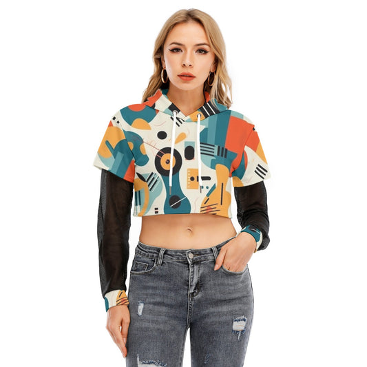 All-Over Print Women's Fake Two-piece Mesh Sleeve Cropped Hoodie