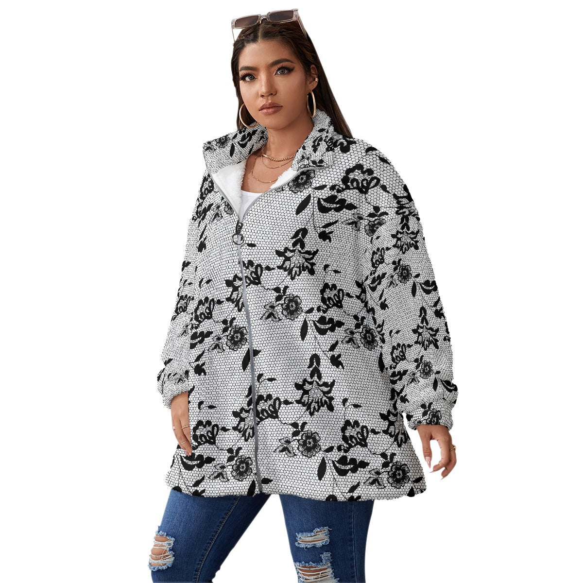 All-Over Print Unisex Borg Fleece Stand-up Collar Coat With Zipper Closure(Plus Size)