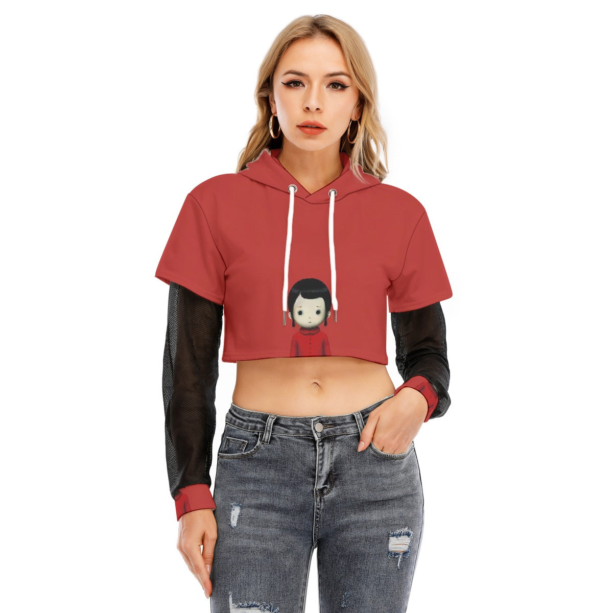 All-Over Print Women's Fake Two-piece Mesh Sleeve Cropped Hoodie