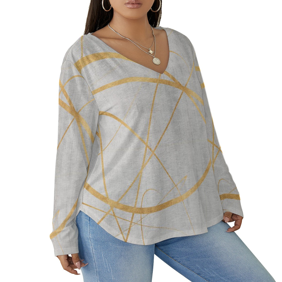 All-Over Print Women's V-neck T-shirt With Curved Hem(Plus Size)