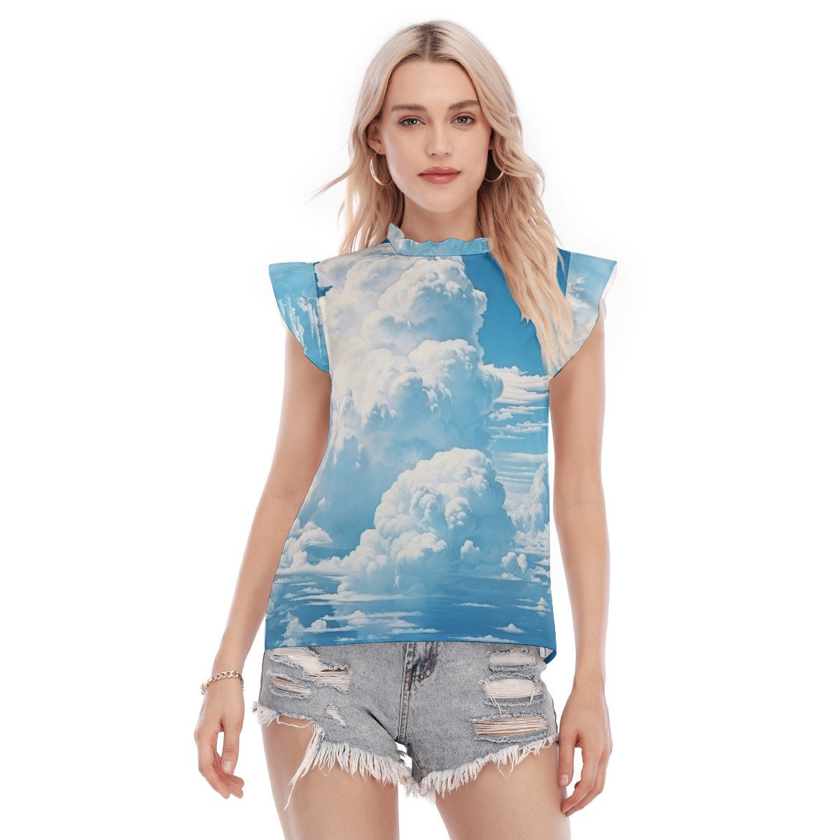 All-Over Print Women's Blouse With Ruffle Collar And Sleeve