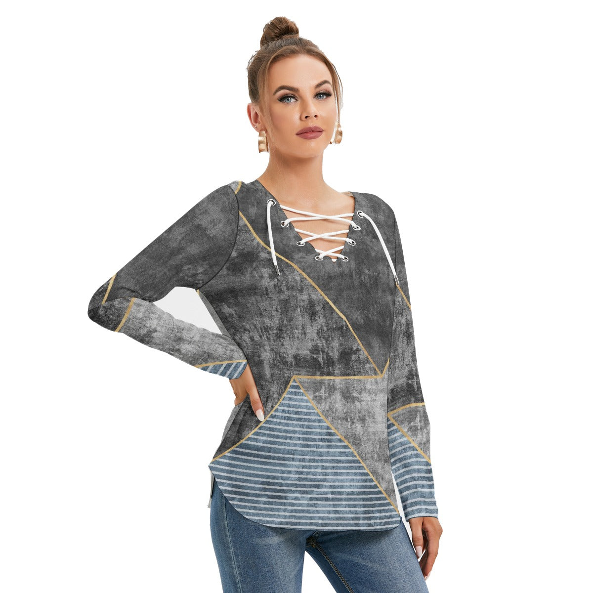 All-Over Print Women's Long Sleeve Neckline Tie Sweatshirt