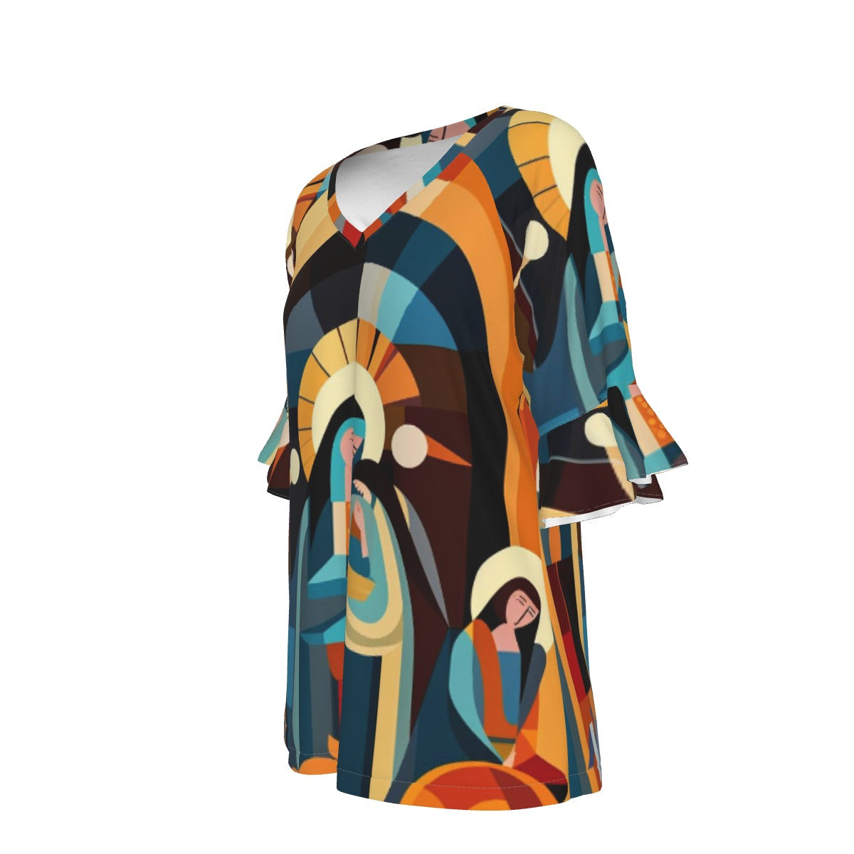 All-Over Print V-neck Women's T-shirt With Bell Sleeve