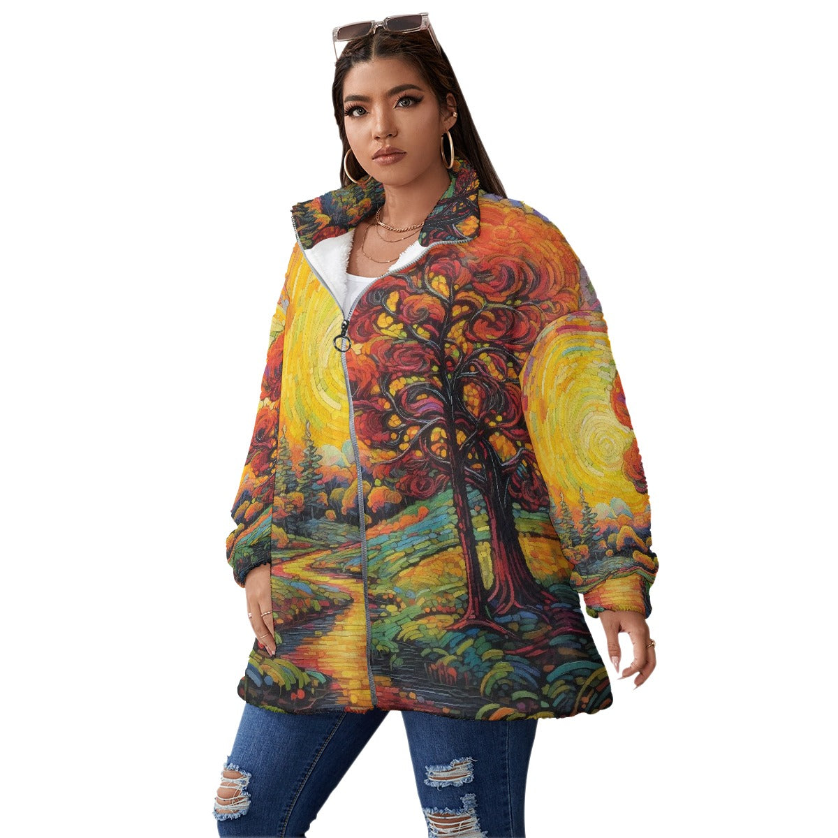All-Over Print Unisex Borg Fleece Stand-up Collar Coat With Zipper Closure(Plus Size)