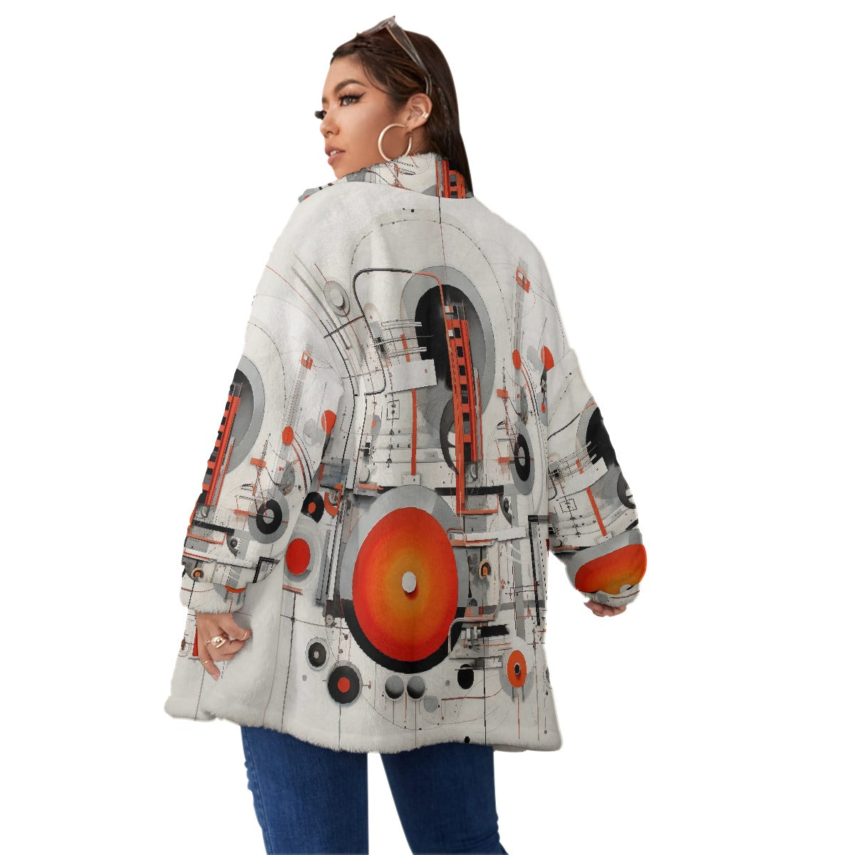 All-Over Print Unisex Borg Fleece Stand-up Collar Coat With Zipper Closure(Plus Size)