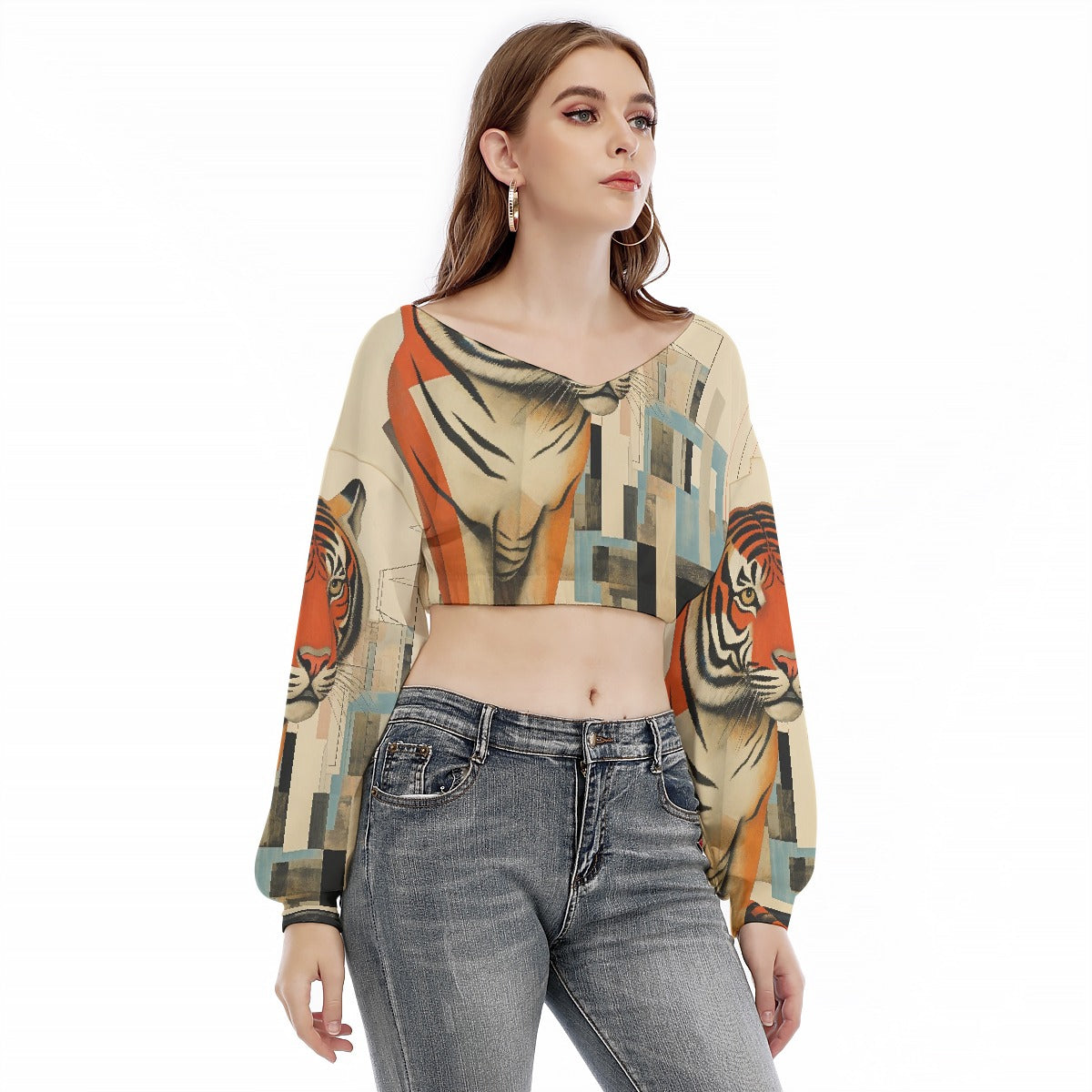 All-Over Print Women's V-neck Long Sleeve Cropped Sweatshirt