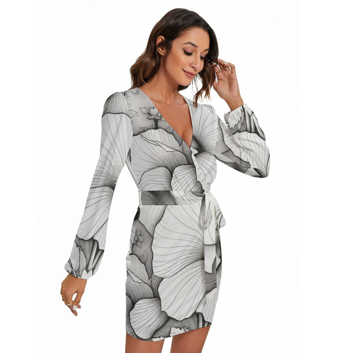 All-Over Print Women's Long Sleeve Dress With Waist Belt