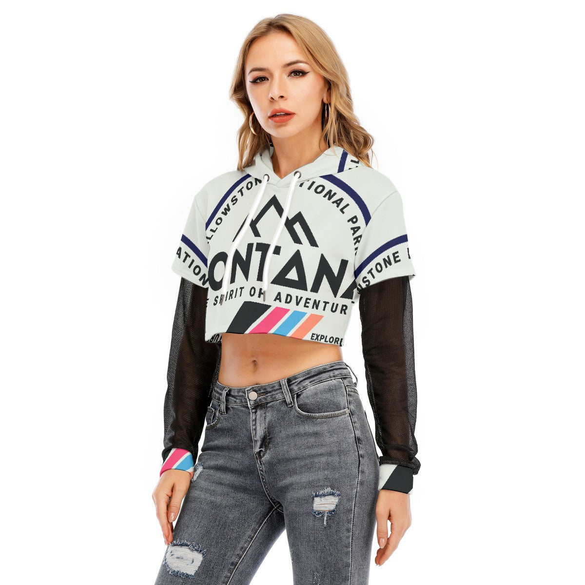 All-Over Print Women's Fake Two-piece Mesh Sleeve Cropped Hoodie