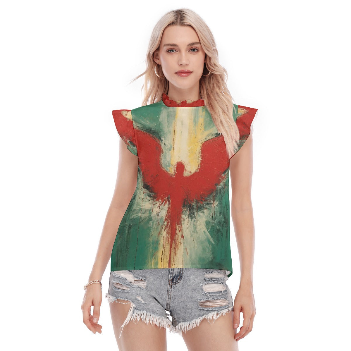 All-Over Print Women's Blouse With Ruffle Collar And Sleeve