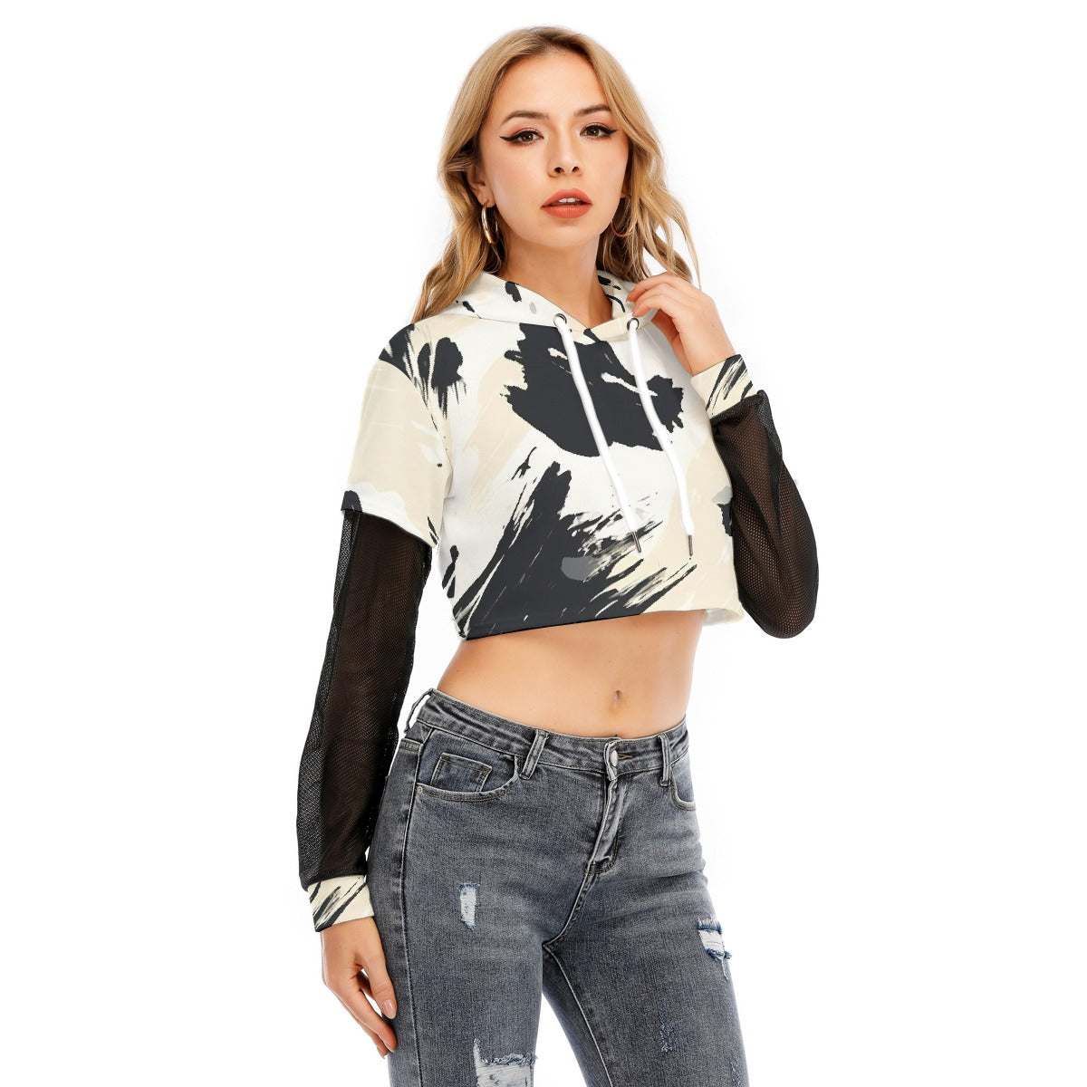 All-Over Print Women's Fake Two-piece Mesh Sleeve Cropped Hoodie