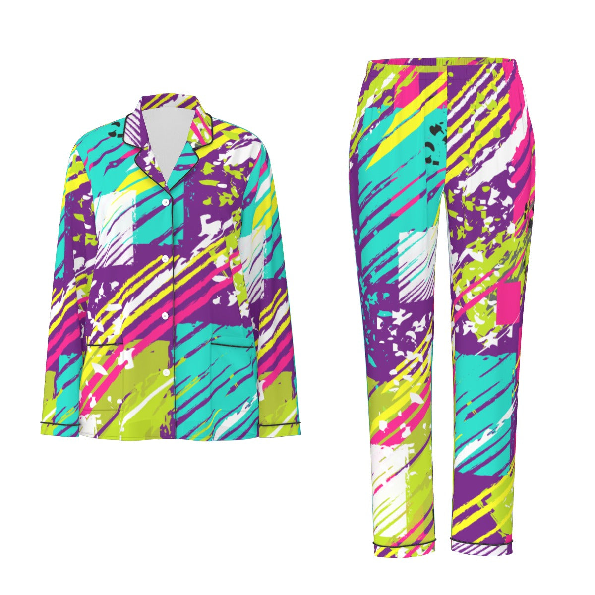 All-Over Print Women's Long Sleeve Pajama Set With Black Contrast Piping