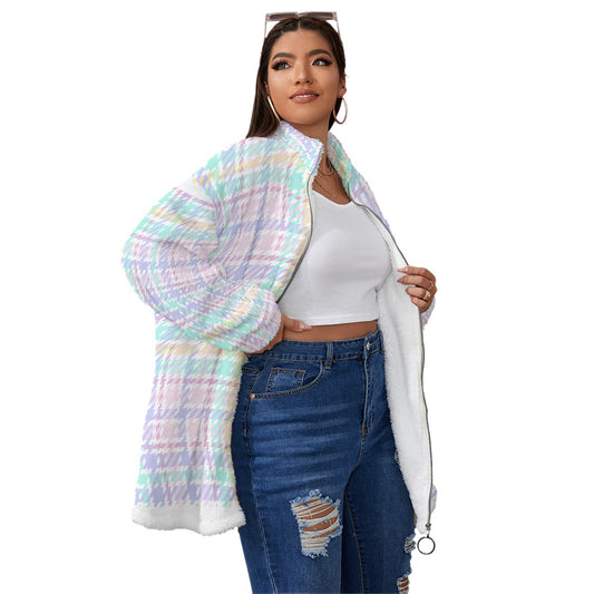 All-Over Print Unisex Borg Fleece Stand-up Collar Coat With Zipper Closure(Plus Size)