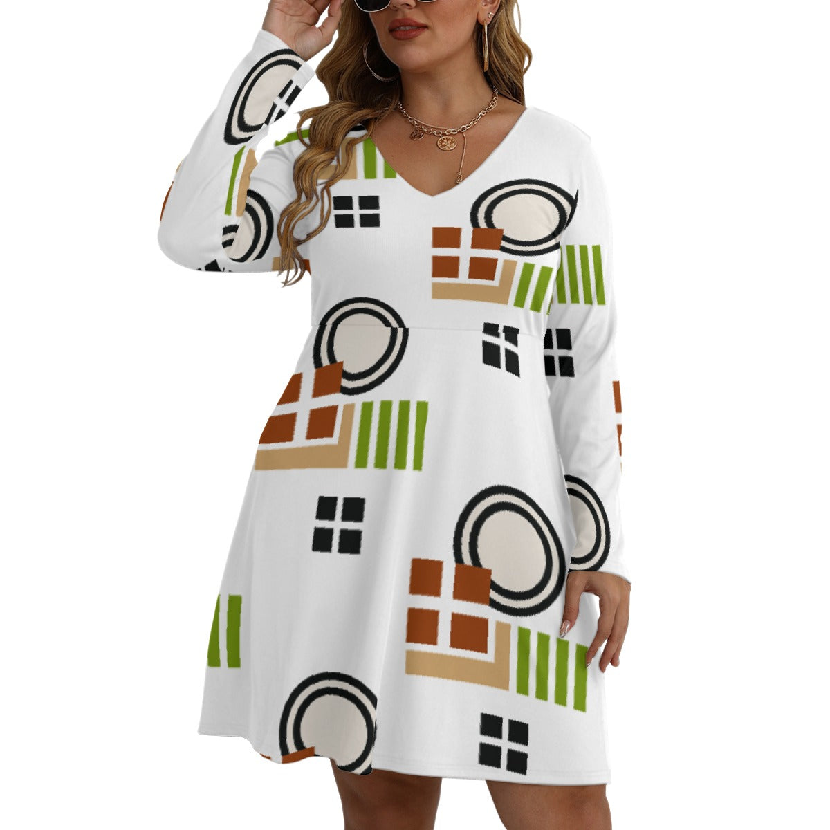 All-Over Print Women's V-neck Long Sleeve Dress(Plus Size)