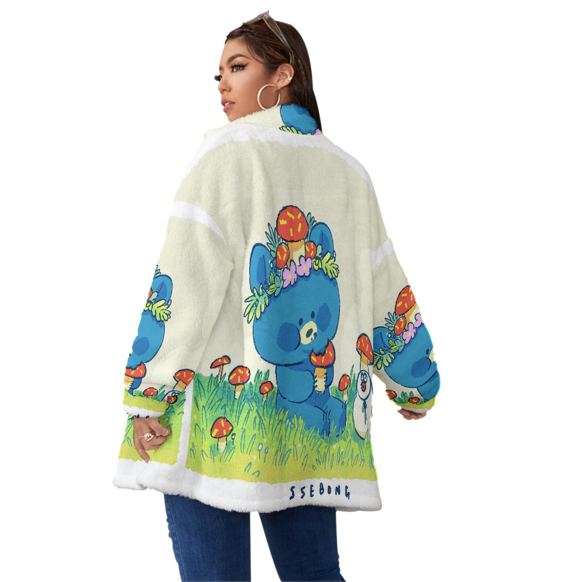 All-Over Print Unisex Borg Fleece Stand-up Collar Coat With Zipper Closure(Plus Size)