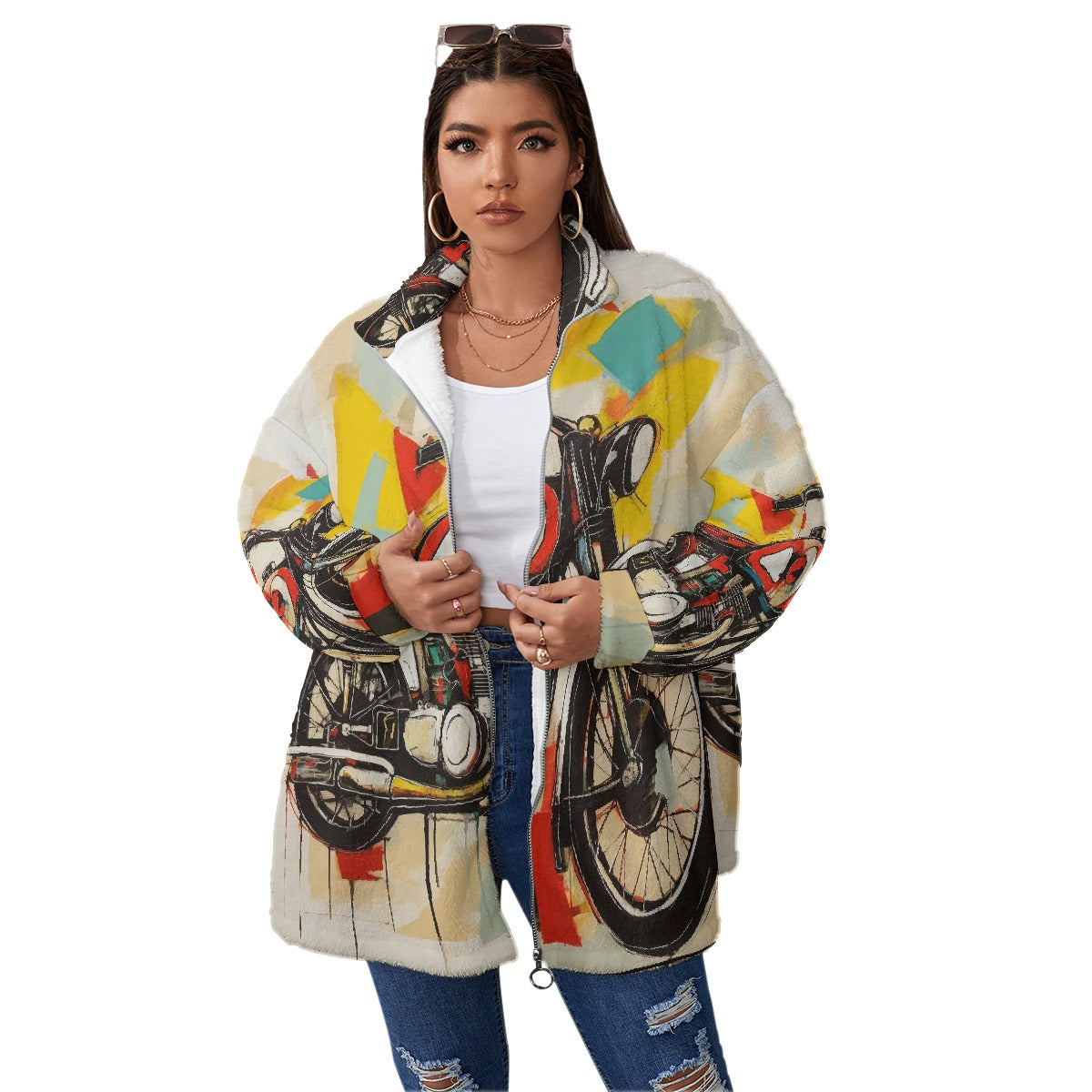 All-Over Print Unisex Borg Fleece Stand-up Collar Coat With Zipper Closure(Plus Size)