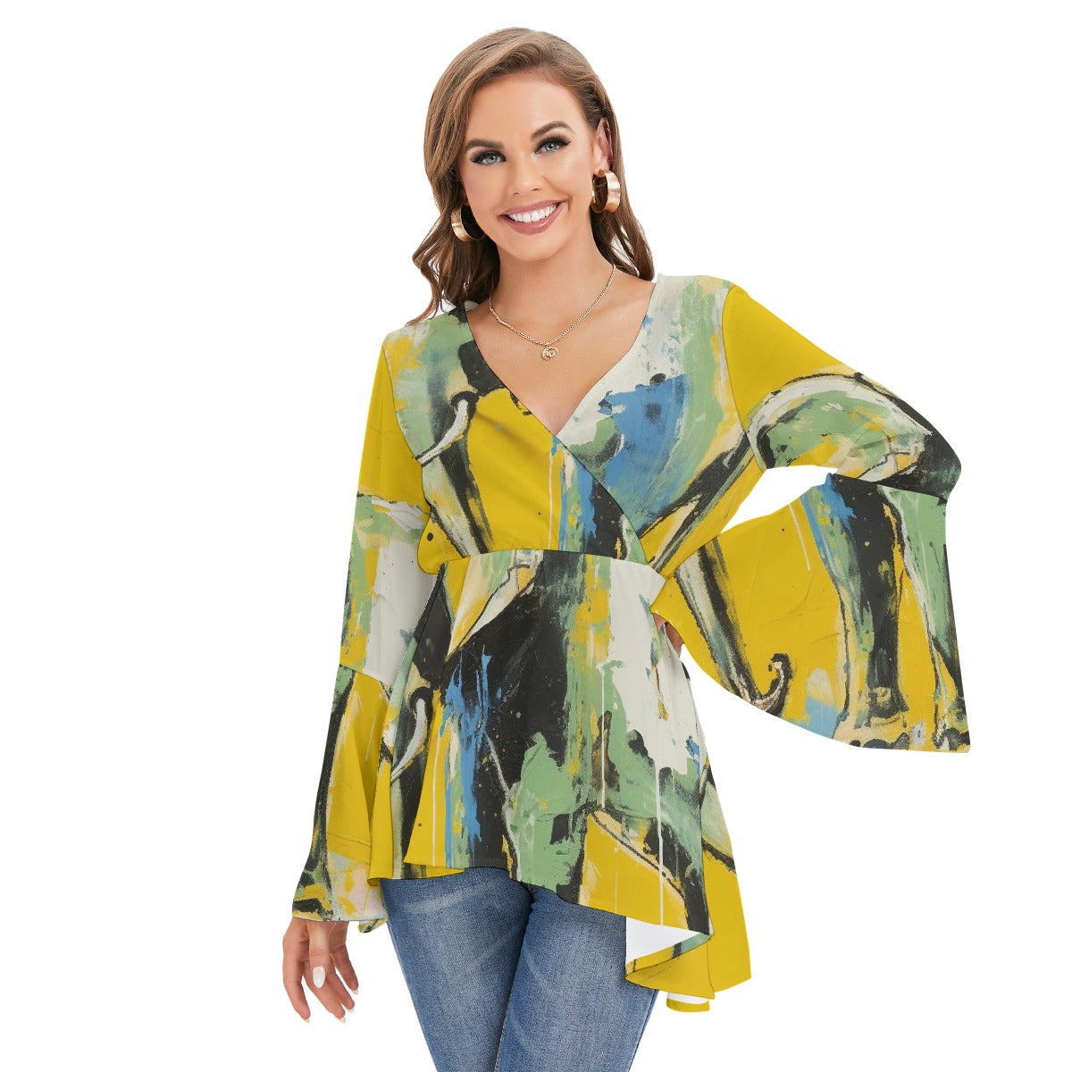 All-Over Print Women's V-neck Blouse With Flared Sleeves