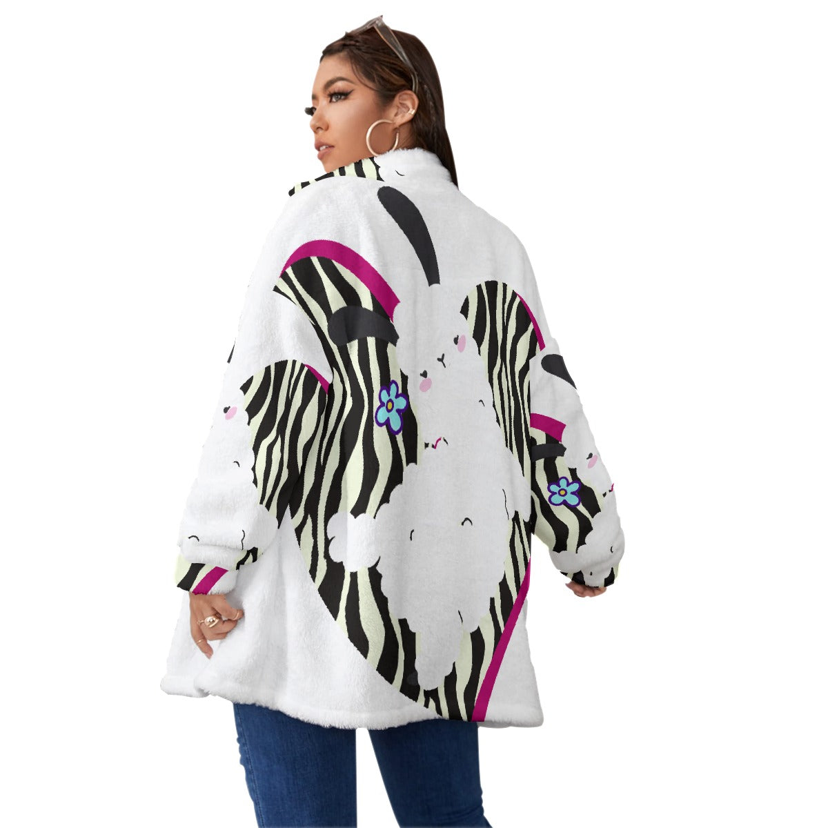 All-Over Print Unisex Borg Fleece Stand-up Collar Coat With Zipper Closure(Plus Size)