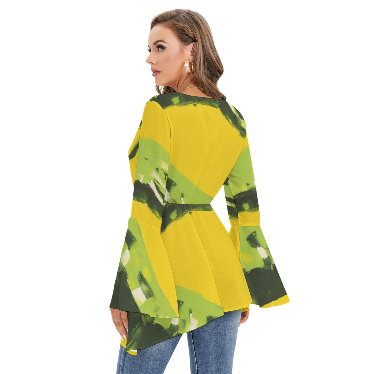 All-Over Print Women's V-neck Blouse With Flared Sleeves