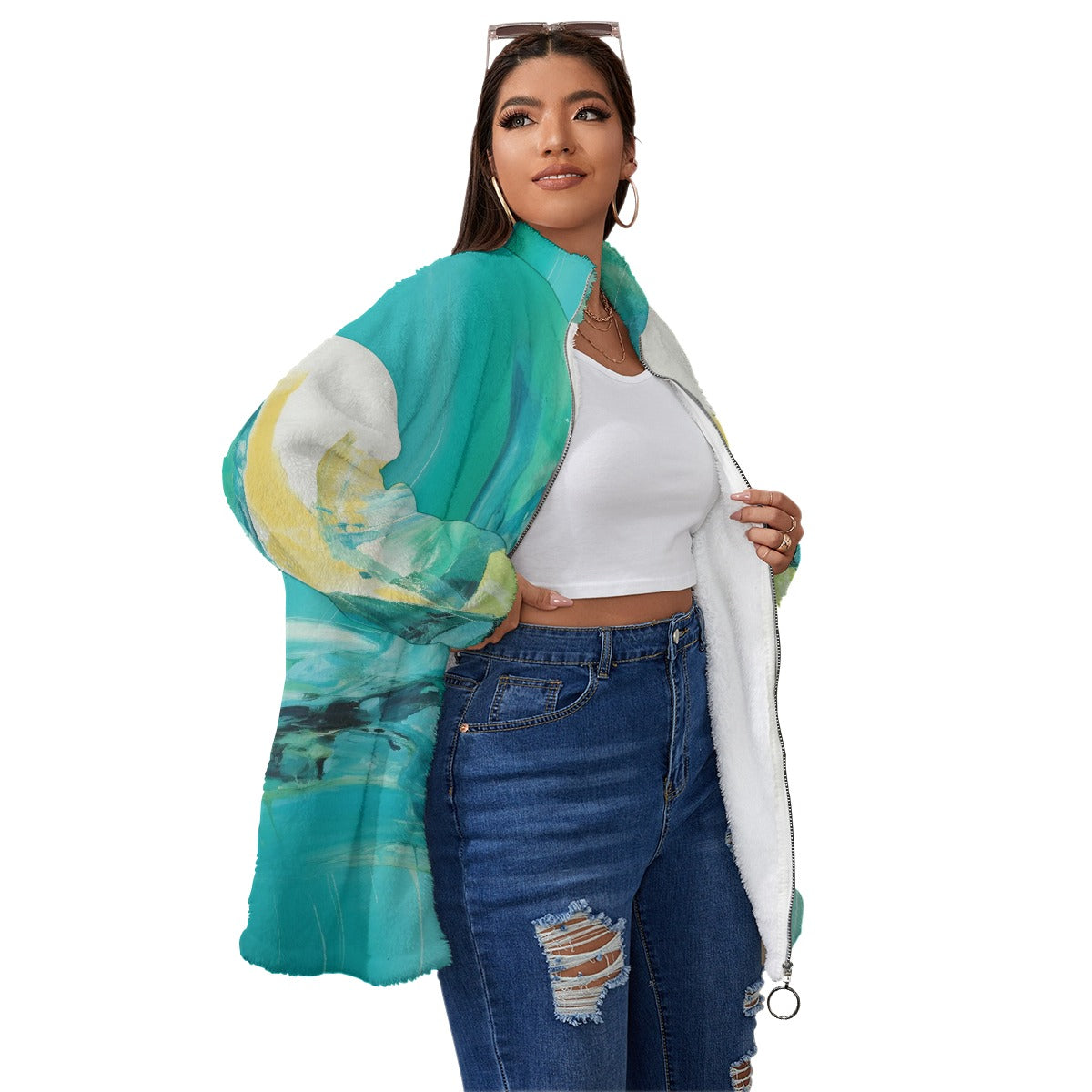 All-Over Print Unisex Borg Fleece Stand-up Collar Coat With Zipper Closure(Plus Size)