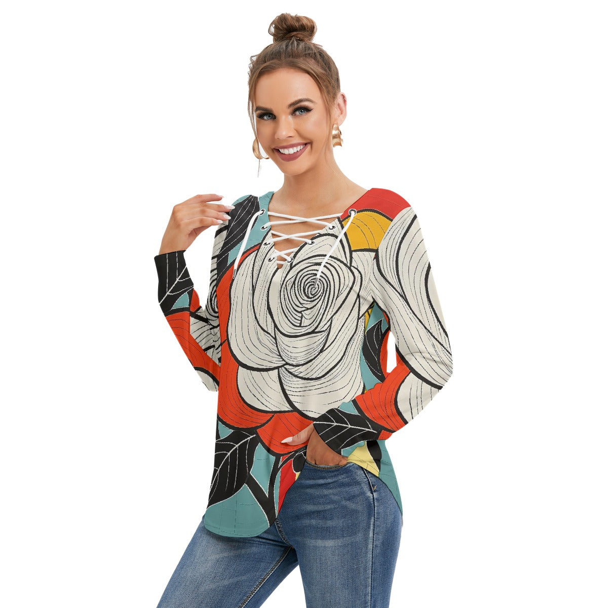 All-Over Print Women's Long Sleeve Neckline Tie Sweatshirt