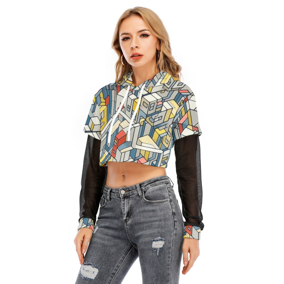 All-Over Print Women's Fake Two-piece Mesh Sleeve Cropped Hoodie