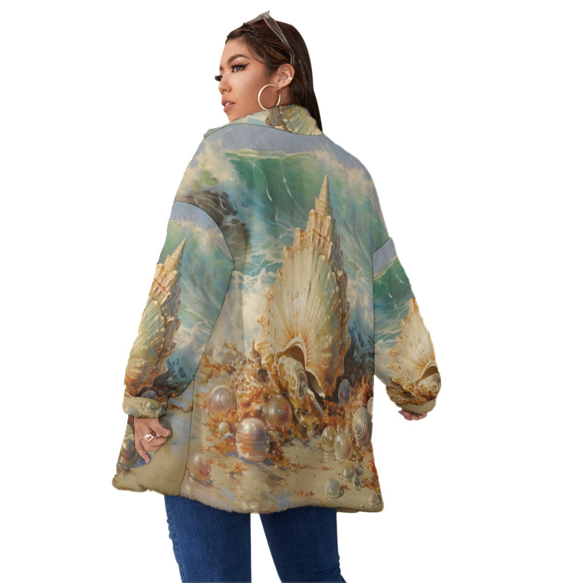 All-Over Print Unisex Borg Fleece Stand-up Collar Coat With Zipper Closure(Plus Size)