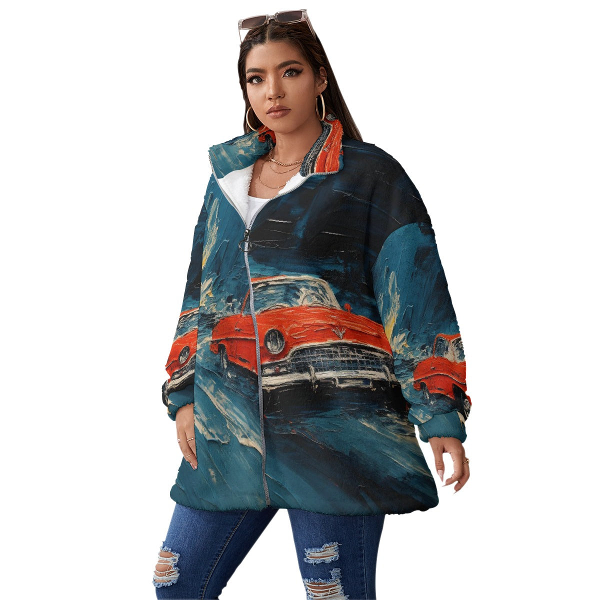 All-Over Print Unisex Borg Fleece Stand-up Collar Coat With Zipper Closure(Plus Size)