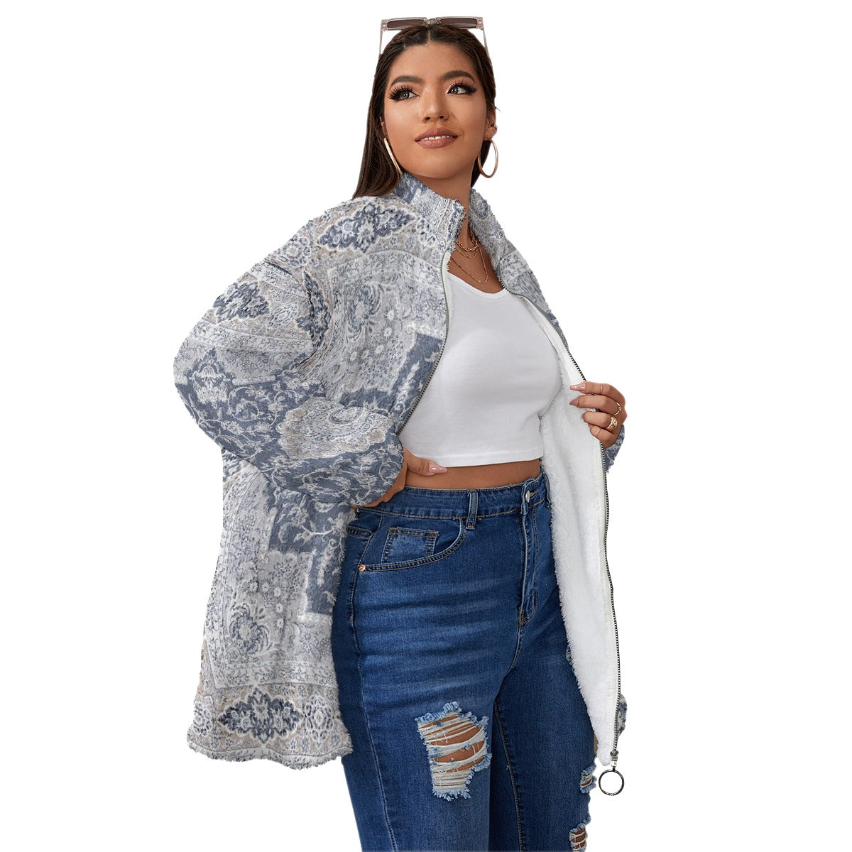 All-Over Print Unisex Borg Fleece Stand-up Collar Coat With Zipper Closure(Plus Size)