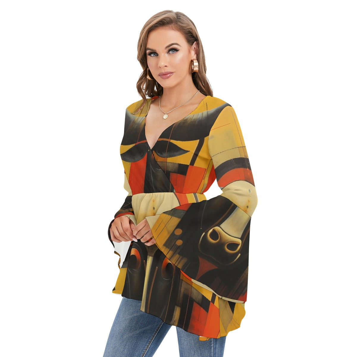 All-Over Print Women's V-neck Blouse With Flared Sleeves