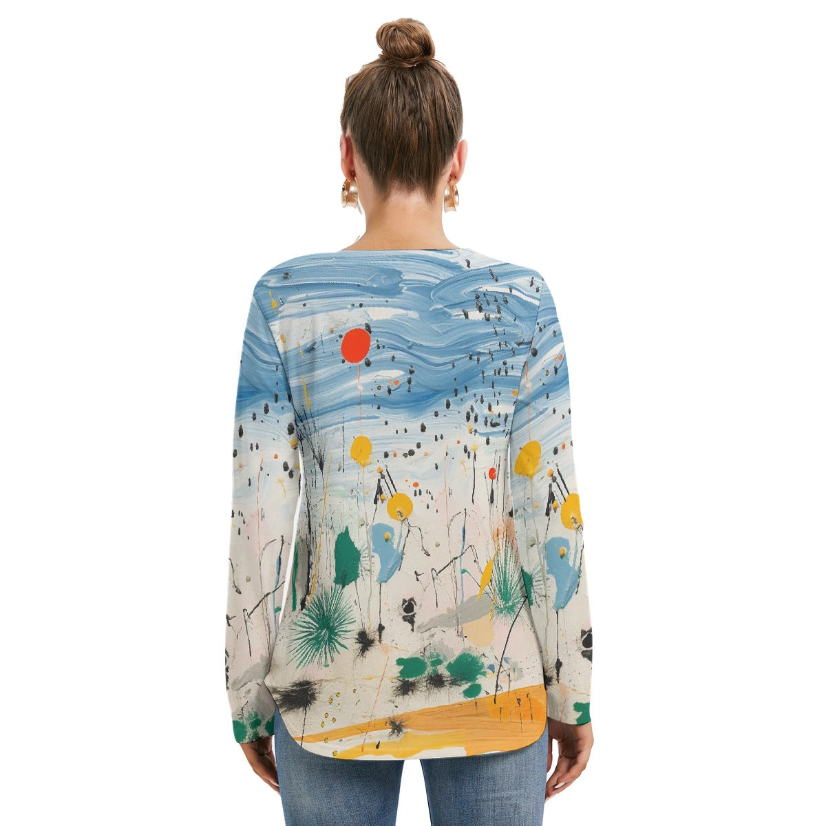 All-Over Print Women's Long Sleeve Neckline Tie Sweatshirt
