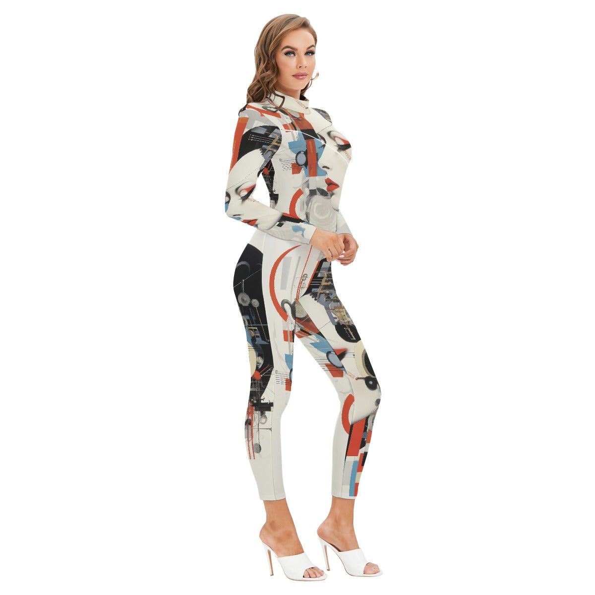 All-Over Print Women's Long-sleeved High-neck Jumpsuit With Zipper