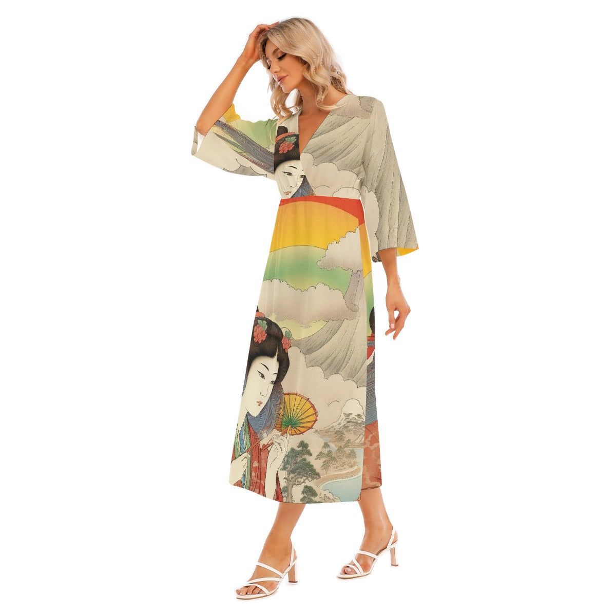 All-Over Print Women's Mid-Sleeve Long Dress