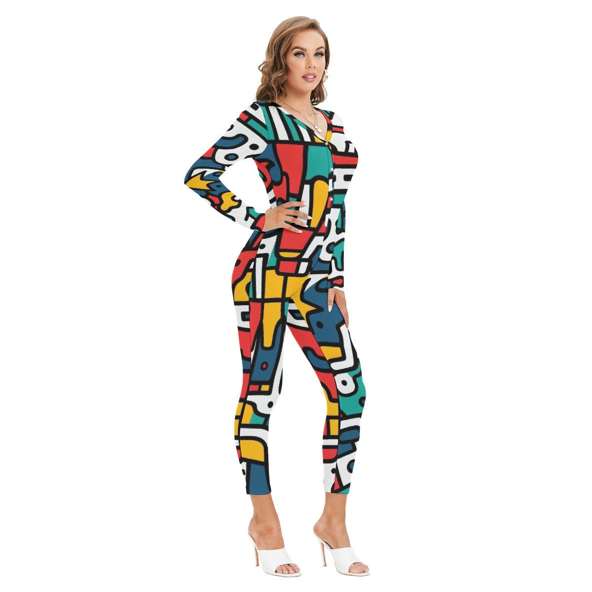 All-Over Print Women's Plunging Neck Jumpsuit